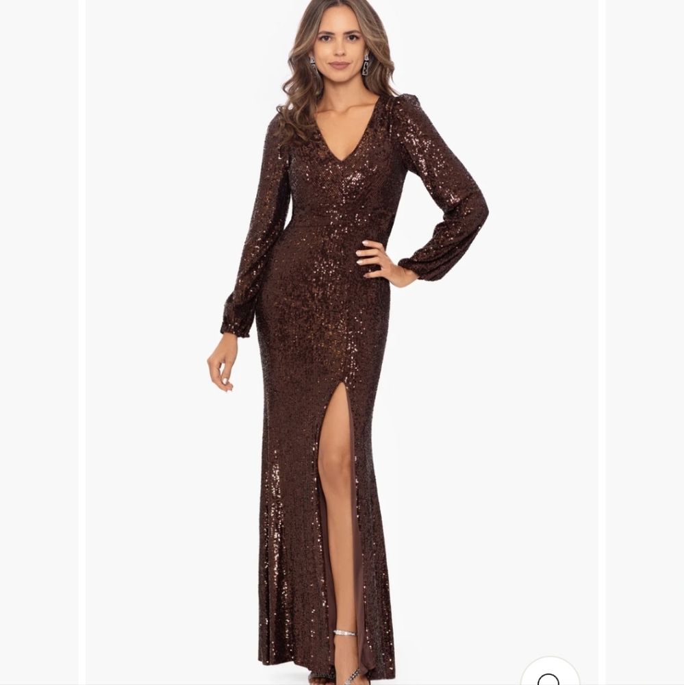 Xscape Long Sleeve Long V-Neck Sequin Gown